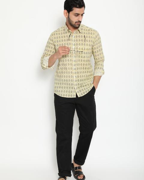 Light Green Full Sleeve Cotton Hand Block Printed Men’s Shirt